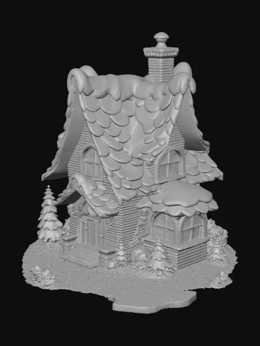3D model for A charming, high-detailed festive house with a steeply pitched, snow-dusted roof, shingled in deep forest green. Its walls are crafted from warm, reddish-brown bricks, adorned with intricate white trim resembling gingerbread icing. Delicate, shimmering icicles hang from the eaves, catching the light. The windows glow with a soft, inviting yellow hue, suggesting a cozy interior. A small, sturdy wooden door, painted a vibrant holiday red, completes its welcoming facade.