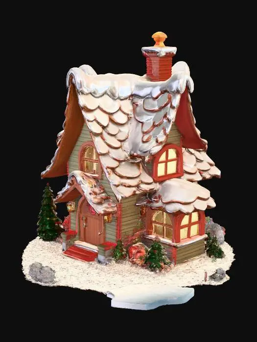 3D model for A charming, high-detailed festive house with a steeply pitched, snow-dusted roof, shingled in deep forest green. Its walls are crafted from warm, reddish-brown bricks, adorned with intricate white trim resembling gingerbread icing. Delicate, shimmering icicles hang from the eaves, catching the light. The windows glow with a soft, inviting yellow hue, suggesting a cozy interior. A small, sturdy wooden door, painted a vibrant holiday red, completes its welcoming facade.