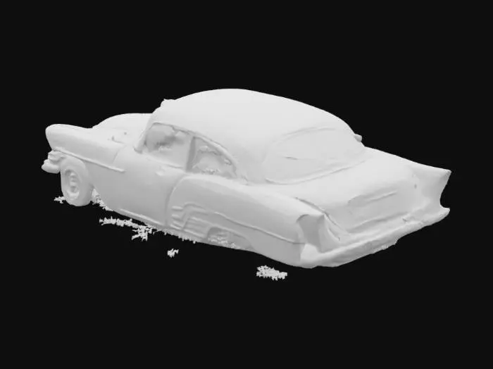 3D model for abandoned 1950s era car. decayed, broken, destroyed, partially buried in desert terain. 1/64 scale model diorama