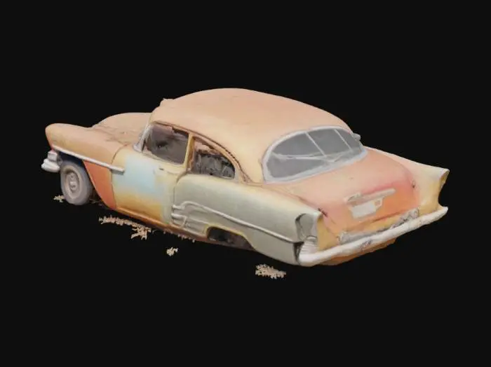 3D model for abandoned 1950s era car. decayed, broken, destroyed, partially buried in desert terain. 1/64 scale model diorama