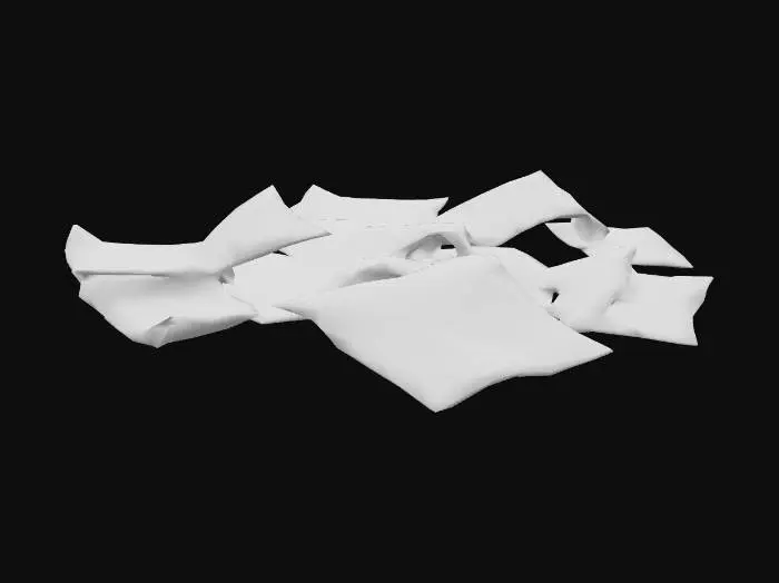 3D model for a sporadic assortment of scattered pieces of paper, some overlapping, some crumpled up, some with scribbles on them, different sizes