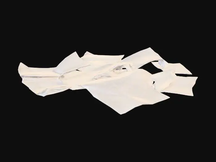 3D model for a sporadic assortment of scattered pieces of paper, some overlapping, some crumpled up, some with scribbles on them, different sizes
