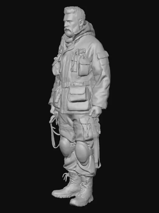3D model for A contemporary urban survivalist in a heavily customized, heavy oilskin canvas jacket and multi-layered leather knee pads. His backpack is strung with worn aluminum tools and nylon ropes. Deeply sculpted face, rough stubble, and alert eyes. *Requirement: Hyper-realistic, detail-oriented, emphasizing the canvas's waterproofing, the wear of the leather, and the severe weathering of all metal components.
