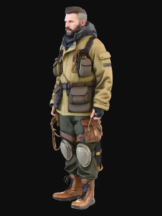 3D model for A contemporary urban survivalist in a heavily customized, heavy oilskin canvas jacket and multi-layered leather knee pads. His backpack is strung with worn aluminum tools and nylon ropes. Deeply sculpted face, rough stubble, and alert eyes. *Requirement: Hyper-realistic, detail-oriented, emphasizing the canvas's waterproofing, the wear of the leather, and the severe weathering of all metal components.
