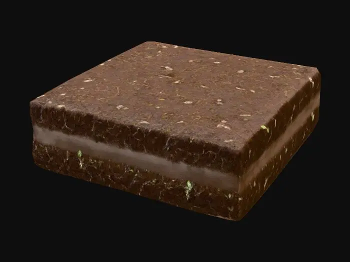 3D model for 一块方形的种植土地地块，表面平坦，呈现深棕色，泥土经过松散耕作，带有细小的颗粒和偶尔可见的有机质。地块边缘规整，侧面展现出土壤的剖面，质地看起来疏松且富有养分，仿佛能感受到湿润和肥沃，为植物生长提供了理想的基础。