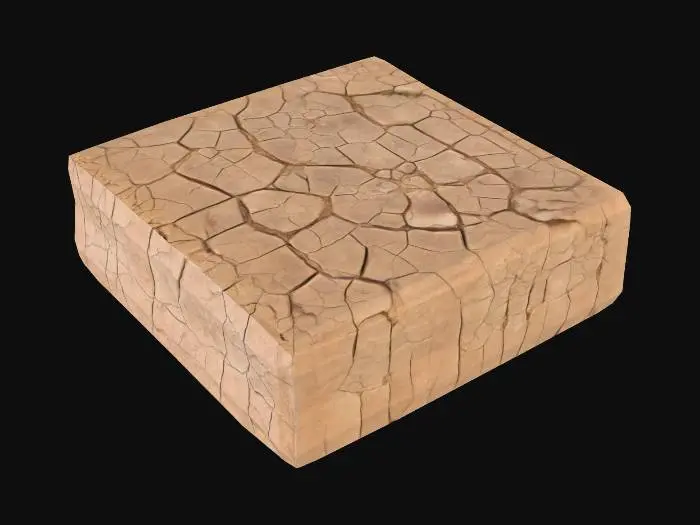 3D model for 一块方形的种植土地地块，表面平坦，呈现深棕色，泥土经过松散耕作，带有细小的颗粒和偶尔可见的有机质。地块边缘规整，侧面展现出土壤的剖面，质地看起来疏松且富有养分，仿佛能感受到湿润和肥沃，为植物生长提供了理想的基础。