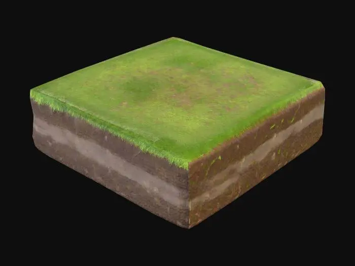 3D model for 一块方形的种植土地地块，表面平坦，呈现深棕色，泥土经过松散耕作，带有细小的颗粒和偶尔可见的有机质。地块边缘规整，侧面展现出土壤的剖面，质地看起来疏松且富有养分，仿佛能感受到湿润和肥沃，为植物生长提供了理想的基础。