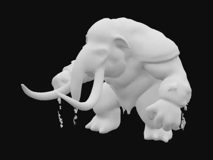 3D model for 
A colossal mammoth miniature, 32mm scale creature-sized. Towering and ancient, with shaggy, weathered fur and cracked tusks curved like scimitars. Its hide is scarred from battles, with patches of ice, moss, or bone armor strapped to its sides. Eyes glow with primal intelligence or elemental rage. Its trunk is raised mid-roar or ready to slam down, and frost clings to its breath and tusks. Heavy chains or totems dangle from its body—remnants of captivity or tribal war gear. Posed mid-charge or standing firm like an unstoppable force. Ideal for tundra, tribal, or primal fantasy settings.