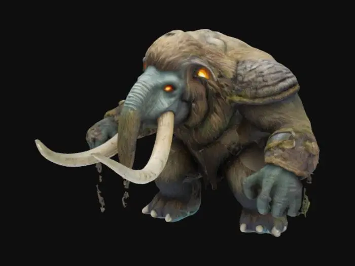 3D model for 
A colossal mammoth miniature, 32mm scale creature-sized. Towering and ancient, with shaggy, weathered fur and cracked tusks curved like scimitars. Its hide is scarred from battles, with patches of ice, moss, or bone armor strapped to its sides. Eyes glow with primal intelligence or elemental rage. Its trunk is raised mid-roar or ready to slam down, and frost clings to its breath and tusks. Heavy chains or totems dangle from its body—remnants of captivity or tribal war gear. Posed mid-charge or standing firm like an unstoppable force. Ideal for tundra, tribal, or primal fantasy settings.