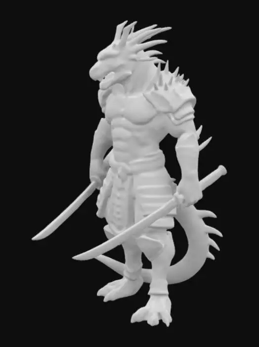 3D model for Reptilian action figure, samurai armor, dual katanas, spikey scaly skin, sharp teeth, menacing, martial arts, claws as feet and spiny tail