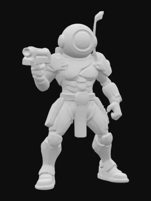 3D model for Monocular Warrior! A powerful character with a single giant eyeball for a head. Featuring a muscular 80s action figure build, armored body, and a dynamic battle pose. The large eye glows with energy, scanning for threats. Clad in futuristic or mystical gear, wielding a weapon like a blaster. retro action hero look!"