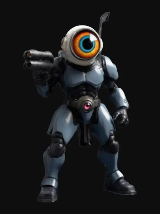 3D model for Monocular Warrior! A powerful character with a single giant eyeball for a head. Featuring a muscular 80s action figure build, armored body, and a dynamic battle pose. The large eye glows with energy, scanning for threats. Clad in futuristic or mystical gear, wielding a weapon like a blaster. retro action hero look!"