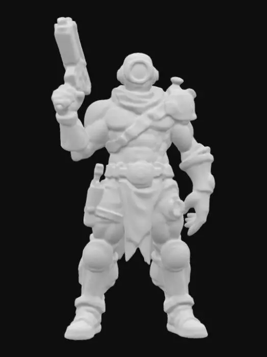3D model for Monocular Warrior! A powerful character with a single giant eyeball for a head. Featuring a muscular 80s action figure build, armored body, and a dynamic battle pose. The large eye glows with energy, scanning for threats. Clad in futuristic or mystical gear, wielding a weapon like a blaster. retro action hero look!"