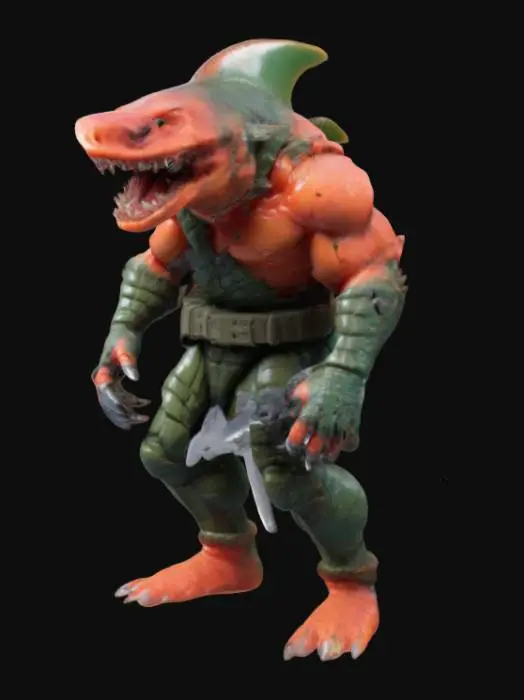 3D model for Design an 80s-style action figure of a half-piranha, half-man mutant warrior! With razor-sharp teeth, bulging mutant muscles, and scaly, armor-plated skin, he’s built for battle. His webbed claws grip a harpoon blaster or jagged coral club, while his gills pulse with fury. A torn wetsuit and neon war belt complete his look. Is he a rogue experiment or an underwater warlord? Give him a chomping attack feature and a name that strikes fear—like JAWRAGE or BITEFURY!