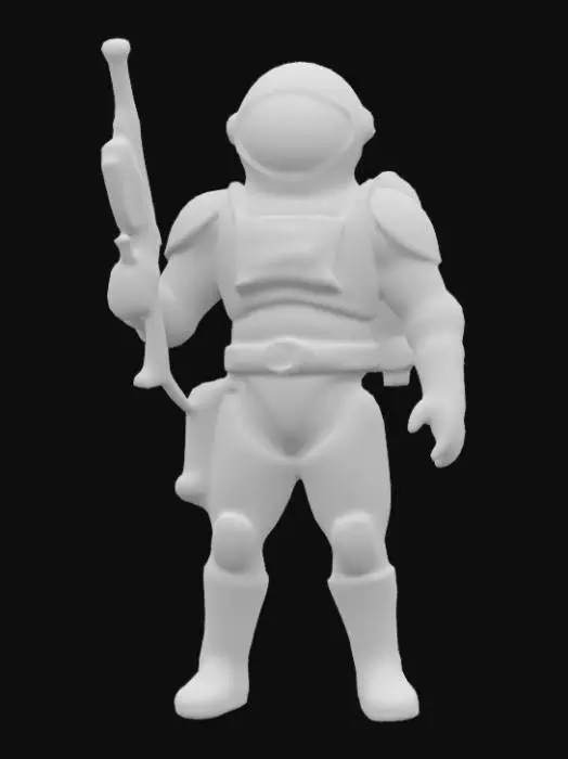 3D model for Design a 1950s retro space-age action figure: STRIKEVECTOR, planetary ranger and cosmic lawman, stands solid with both feet firmly planted. He grips a ray-pistol in one hand, arm slightly bent as if mid-standoff. His sleek, domed helmet features a large gold-tinted bubble visor with antennae and riveted trim. The suit is smooth and rounded, with padded segments, a high-collared neck ring, and classic ringed cuffs and boots. A jetpack with curved fins sits on his back, and his belt holds retro gadgets with blinking lights. Color palette: cream white, cherry red, and brass with teal accents.