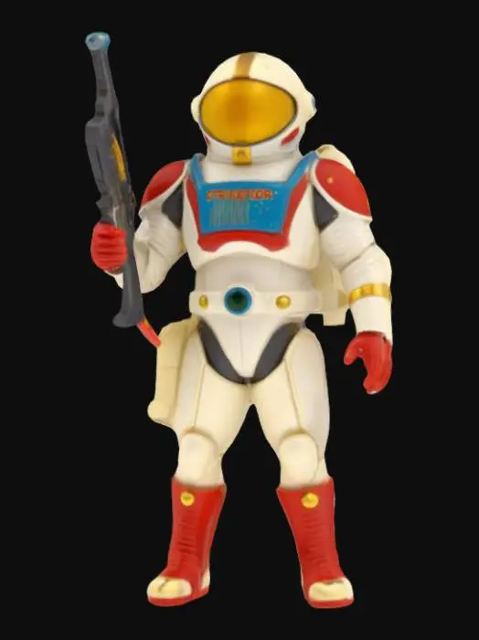 3D model for Design a 1950s retro space-age action figure: STRIKEVECTOR, planetary ranger and cosmic lawman, stands solid with both feet firmly planted. He grips a ray-pistol in one hand, arm slightly bent as if mid-standoff. His sleek, domed helmet features a large gold-tinted bubble visor with antennae and riveted trim. The suit is smooth and rounded, with padded segments, a high-collared neck ring, and classic ringed cuffs and boots. A jetpack with curved fins sits on his back, and his belt holds retro gadgets with blinking lights. Color palette: cream white, cherry red, and brass with teal accents.