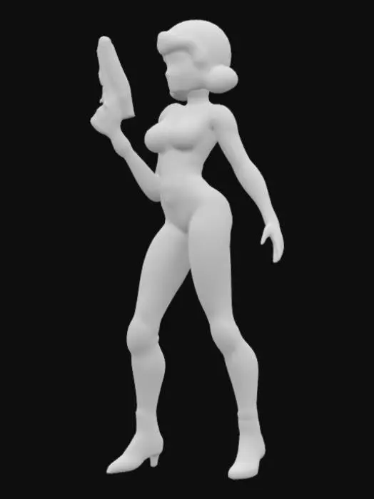 3D model for Design a 1950s-inspired retro sci-fi action figure: ASTRA LUMA, interstellar scout and galactic icon, stands tall with one hip cocked, weight shifted to one leg for a confident, poised stance. Her form-fitting space suit hugs an hourglass silhouette—narrow waist, flared hips, and a sculpted bust—highlighted by smooth, curved armor plating across the chest and hips. Her bubble helmet is large and clear, revealing her retro-styled hair in soft waves, with a subtle smirk on her lips. The suit features ribbed details at the elbows, knees, and thighs, enhancing her curves. She holds a slender ray-pistol with a sleek chrome finish. Color palette: candy apple red, cream white, and chrome silver with soft gold accents.


