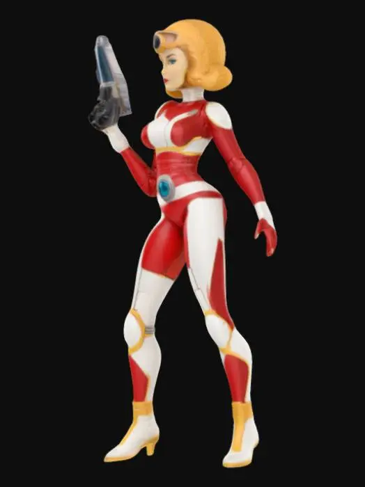 3D model for Design a 1950s-inspired retro sci-fi action figure: ASTRA LUMA, interstellar scout and galactic icon, stands tall with one hip cocked, weight shifted to one leg for a confident, poised stance. Her form-fitting space suit hugs an hourglass silhouette—narrow waist, flared hips, and a sculpted bust—highlighted by smooth, curved armor plating across the chest and hips. Her bubble helmet is large and clear, revealing her retro-styled hair in soft waves, with a subtle smirk on her lips. The suit features ribbed details at the elbows, knees, and thighs, enhancing her curves. She holds a slender ray-pistol with a sleek chrome finish. Color palette: candy apple red, cream white, and chrome silver with soft gold accents.

