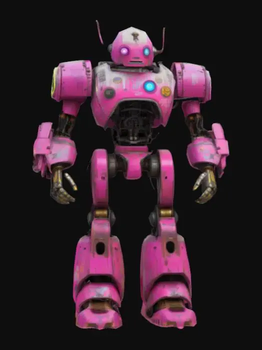 3D model for Design a neon-punk robot bouncer: GRITLOCK, a towering enforcer stationed at the gate of an illegal underground fight ring buried beneath the city’s irradiated rail lines. His frame is industrial and brutalist—all exposed pistons, flaking hazard paint, and reinforced plating. His torso is a rusted slab with LED glyphs scrolling across it in dead languages. His head is a cracked visor mask lit from behind with shifting purple and cyan glow. Neon wiring snakes from his jaw to his shoulders like tendons. One arm ends in a slab-like fist, the other in a shock-pulse clamp. He doesn’t talk—just scans IDs with a retinal laser and growls through subwoofer chest vents. Color scheme: magenta scars over oil-black steel, with accents of toxic lime and flickering blue.

