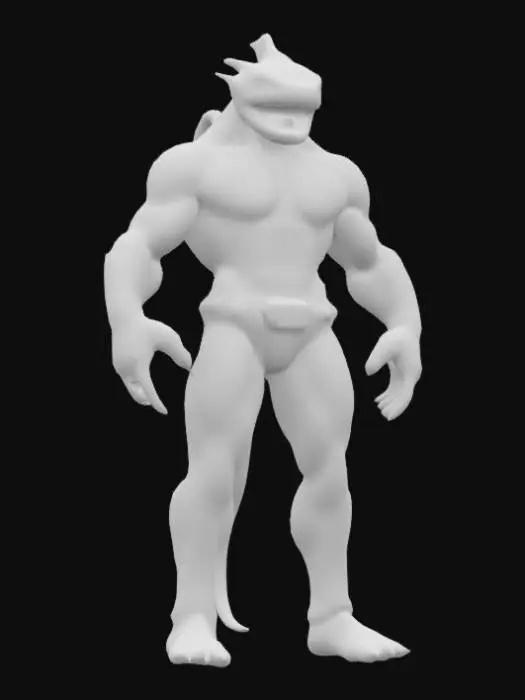 3D model for Design an 80s-style action figure of a half-piranha, half-man mutant warrior! With razor-sharp teeth, bulging mutant muscles, and scaly, armor-plated skin, he’s built for battle. A torn wetsuit and neon war belt complete his look. Is he a rogue experiment or an underwater warlord? Give him a chomping attack feature and a name that strikes fear—like JAWRAGE or BITEFURY!