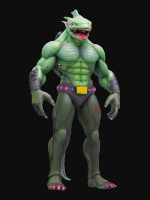 3D model for Design an 80s-style action figure of a half-piranha, half-man mutant warrior! With razor-sharp teeth, bulging mutant muscles, and scaly, armor-plated skin, he’s built for battle. A torn wetsuit and neon war belt complete his look. Is he a rogue experiment or an underwater warlord? Give him a chomping attack feature and a name that strikes fear—like JAWRAGE or BITEFURY!