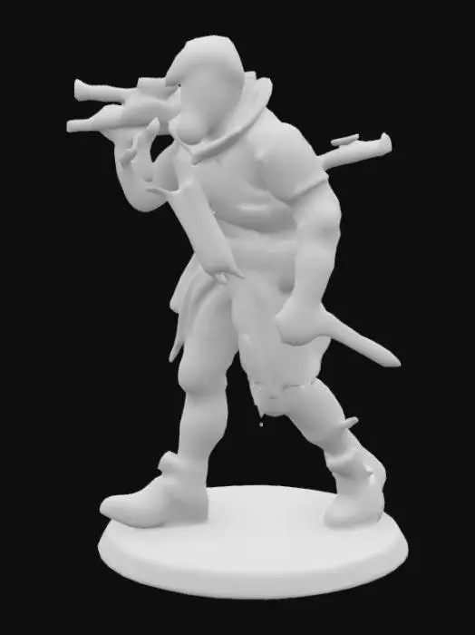 3D model for 
A cyberpunk pirate marauder miniature, 32mm scale. A rugged, battle-scarred figure with cybernetic limbs and a high-tech eyepatch glowing faintly red. Dressed in a mix of torn urban gear and salvaged armor plates, with wires, tubes, and stolen tech grafted into their body. One arm ends in a brutal energy blade or plasma hook, the other wields a compact pulse rifle or jury-rigged pistol. Their face is half-covered by a respirator or rebreather mask, hair wild or shaved. A ragged coat or scarf flaps behind them, adorned with digital tags or gang sigils. Posed mid-stride or in a defiant stance, radiating chaotic, scavenger energy.