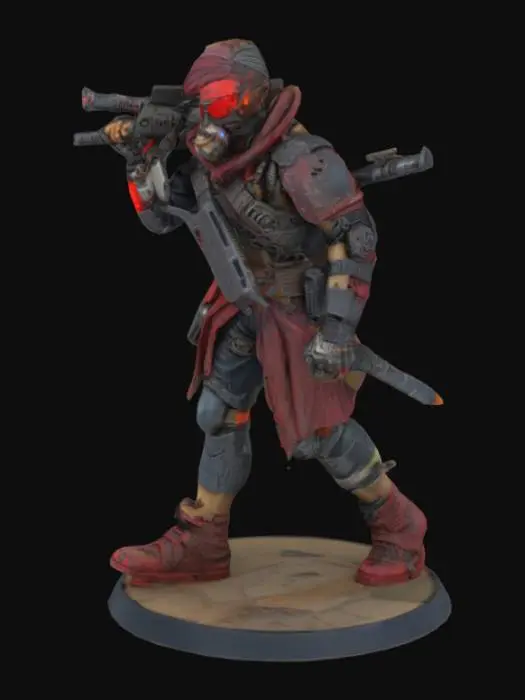 3D model for 
A cyberpunk pirate marauder miniature, 32mm scale. A rugged, battle-scarred figure with cybernetic limbs and a high-tech eyepatch glowing faintly red. Dressed in a mix of torn urban gear and salvaged armor plates, with wires, tubes, and stolen tech grafted into their body. One arm ends in a brutal energy blade or plasma hook, the other wields a compact pulse rifle or jury-rigged pistol. Their face is half-covered by a respirator or rebreather mask, hair wild or shaved. A ragged coat or scarf flaps behind them, adorned with digital tags or gang sigils. Posed mid-stride or in a defiant stance, radiating chaotic, scavenger energy.