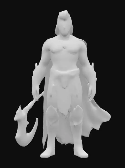 3D model for Axezor is a shirtless, musclebound wizard-warrior with glowing arcane runes carved straight into his bronzed skin. His hair is a giant blond mullet that crackles with magical static. One arm wields a massive, double-bladed battle axe made of enchanted crystal; the other arm is wrapped in spiked gauntlets that shoot firebolts on command. He wears a bright purple cape that’s tattered from spell-duels and monster brawls, and his belt buckle is a snarling demon skull that roars when he casts spells. Think Conan if he grew up watching synthwave cartoons and bench-pressed beholders.