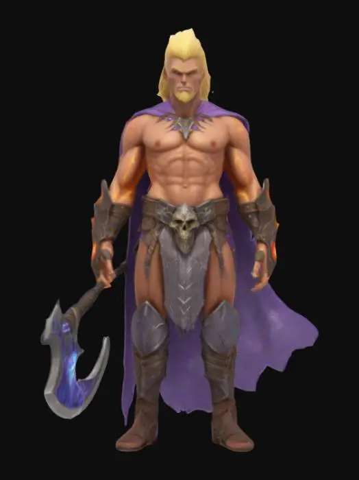 3D model for Axezor is a shirtless, musclebound wizard-warrior with glowing arcane runes carved straight into his bronzed skin. His hair is a giant blond mullet that crackles with magical static. One arm wields a massive, double-bladed battle axe made of enchanted crystal; the other arm is wrapped in spiked gauntlets that shoot firebolts on command. He wears a bright purple cape that’s tattered from spell-duels and monster brawls, and his belt buckle is a snarling demon skull that roars when he casts spells. Think Conan if he grew up watching synthwave cartoons and bench-pressed beholders.