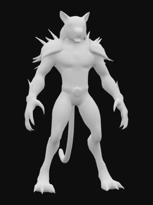 3D model for Razorclaw is a sleek, panther-like beastman standing on powerful digitigrade legs covered in midnight black fur with streaks of neon green tribal markings glowing faintly in the dark. His eyes blaze bright amber, sharp and calculating. Massive, razor-sharp claws extend from his elongated fingers, each claw crackling with electric energy. His muscular torso is bare, save for armored shoulder pads made from polished obsidian shards. A spiked collar circles his neck, and jagged teeth gleam in a snarling maw. His tail is long, whip-like, ending in a barbed tip used for swift strikes. Agile and fierce, Razorclaw prowls with predatory grace and lethal intent.