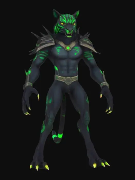 3D model for Razorclaw is a sleek, panther-like beastman standing on powerful digitigrade legs covered in midnight black fur with streaks of neon green tribal markings glowing faintly in the dark. His eyes blaze bright amber, sharp and calculating. Massive, razor-sharp claws extend from his elongated fingers, each claw crackling with electric energy. His muscular torso is bare, save for armored shoulder pads made from polished obsidian shards. A spiked collar circles his neck, and jagged teeth gleam in a snarling maw. His tail is long, whip-like, ending in a barbed tip used for swift strikes. Agile and fierce, Razorclaw prowls with predatory grace and lethal intent.
