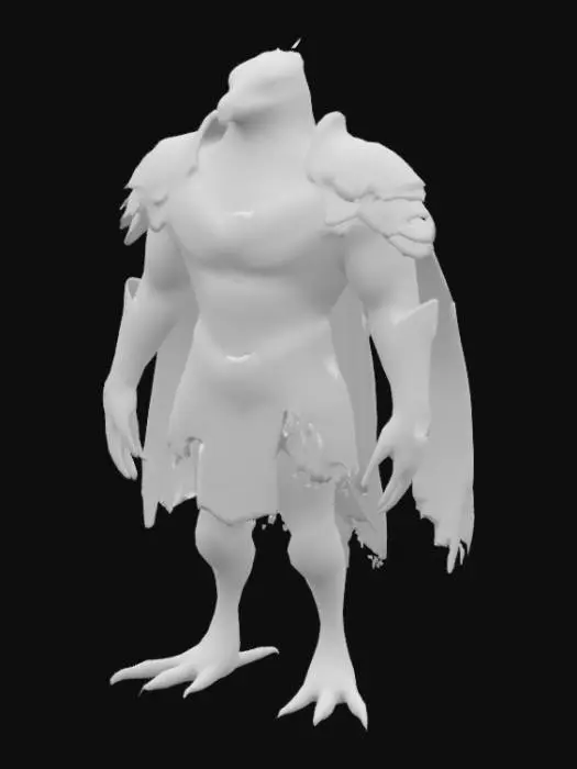 3D model for Talonwing is a fierce humanoid hawk with sleek, dark feathers and piercing golden eyes. His sharp beak curves down from a strong face, framed by a feathered crest. Broad wings extend from his back, tipped with razor feathers. He wears lightweight leather armor with metal studs, allowing swift, deadly strikes. His taloned hands and feet are perfect for gripping and slashing. Talonwing moves with the speed and precision of a predator in flight.