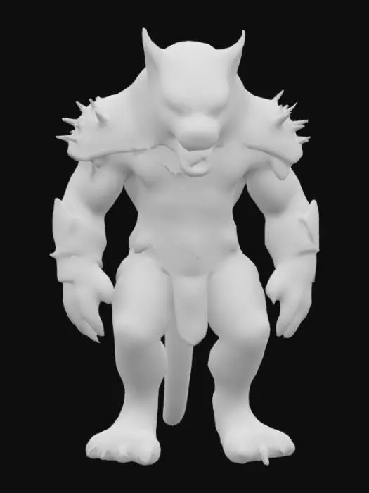 3D model for Sabretooth is a massive feline warrior with thick orange fur striped in black. His enormous saber-like fangs curve from a fierce, snarling mouth. Muscular and agile, he wears spiked leather armor on his shoulders and forearms. His glowing amber eyes burn with wild fury. Powerful claws rip through armor and bone alike. Sabretooth prowls with unstoppable strength and primal rage.