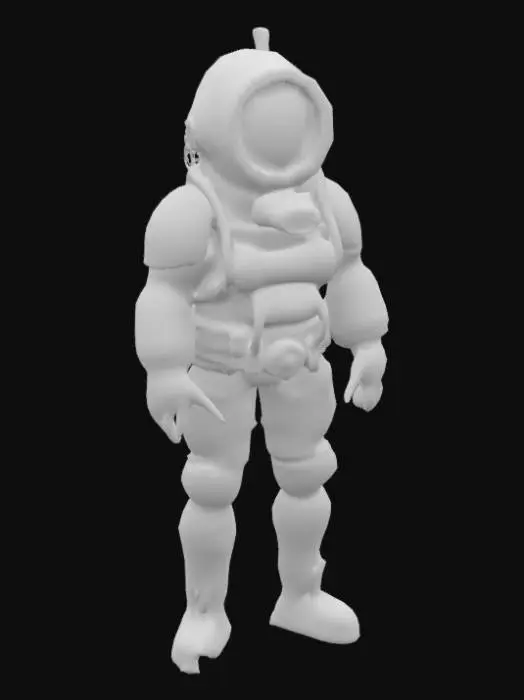 3D model for Design a grim underwater figure: DREDGER-9, a hulking, pressure-hardened enforcer who stalks the flooded corridors of a long-forgotten deep-sea colony. His body is encased in a massive, corroded brass diving suit, bolted together with age-blackened rivets. The dome-shaped helmet features a cracked, fogged viewport glowing faintly green from within, hiding a barely visible silhouette—something human once, now warped. Thick tubes coil from his back into oxygen tanks encrusted with barnacles and coral. His limbs move with hydraulic weight, and each footstep sends out muffled clangs through the ocean gloom. A dull hum resonates from his core—an ancient pump still ticking. His color palette is weathered brass, algae-stained teal, and abyssal black.