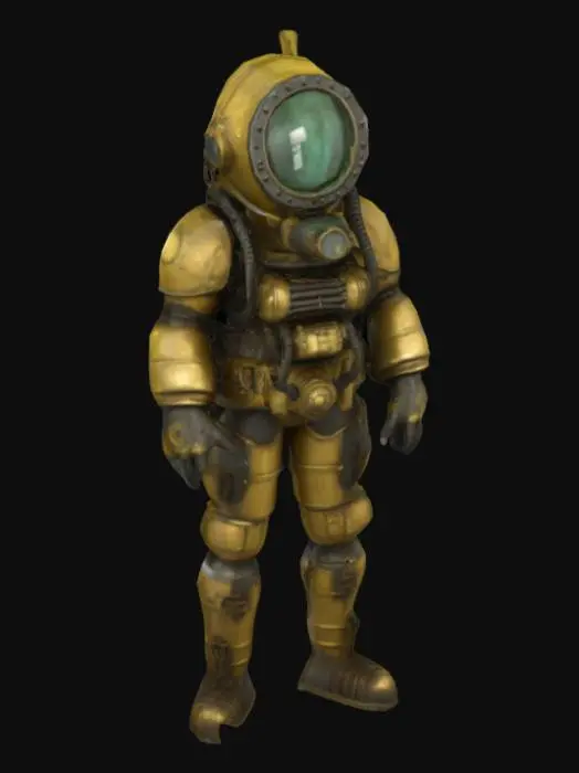 3D model for Design a grim underwater figure: DREDGER-9, a hulking, pressure-hardened enforcer who stalks the flooded corridors of a long-forgotten deep-sea colony. His body is encased in a massive, corroded brass diving suit, bolted together with age-blackened rivets. The dome-shaped helmet features a cracked, fogged viewport glowing faintly green from within, hiding a barely visible silhouette—something human once, now warped. Thick tubes coil from his back into oxygen tanks encrusted with barnacles and coral. His limbs move with hydraulic weight, and each footstep sends out muffled clangs through the ocean gloom. A dull hum resonates from his core—an ancient pump still ticking. His color palette is weathered brass, algae-stained teal, and abyssal black.