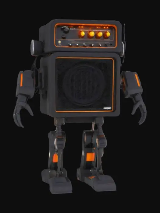 3D model for Ampbot is a boxy, robust robot designed to look like a classic Ampeg bass amplifier. Its body is a rectangular speaker cabinet with a textured black grille front, glowing orange tubes visible inside flickering with energy. Knobs and dials are embedded on its chest panel, and a cable port acts like a mouth. Its arms are sturdy speaker stands ending in flexible, cable-like fingers that can wrap or strike. Its legs resemble amplifier feet with rubber pads, allowing heavy stomps that send shockwaves. Ampbot emits powerful sonic blasts and vibrations with every move.