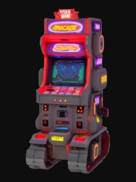 3D model for Arcade Titan is a towering, fully-formed arcade machine brought to life. Its entire body is a retro arcade cabinet covered in vibrant neon decals and flickering pixel art. The screen on its chest displays shifting game scenes, glowing with colorful 8-bit animations. Buttons and joysticks are scattered all over its surface like armor panels, each glowing as it channels energy. Its sides have coin slots that emit electric sparks, and its speaker grills blast pulses of sound waves used as sonic attacks. Arcade Titan lumbers forward on thick, tank-like treads hidden beneath its cabinet frame, shaking the ground with every heavy step.

