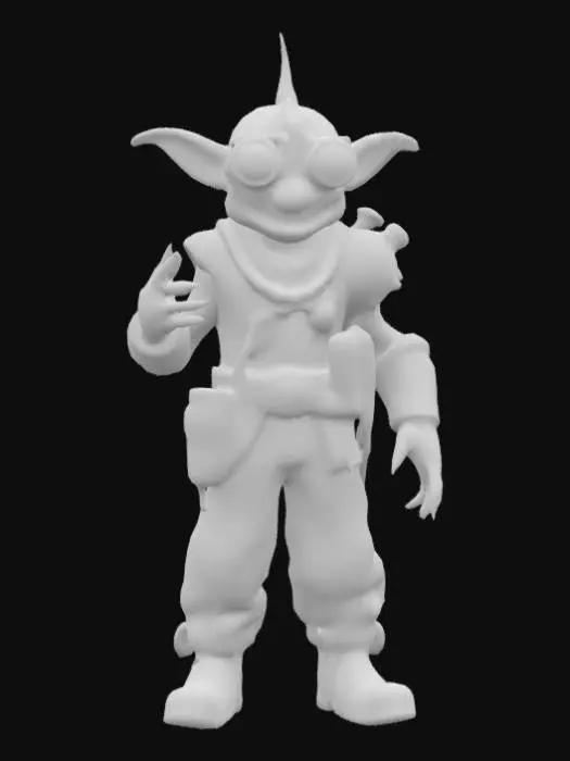 3D model for Geargrin is a small, wiry goblin with greenish skin mottled with soot and grease stains. His eyes gleam bright yellow behind round, brass-rimmed goggles. His outfit is a patchwork of leather straps, buckles, and worn metal plates, all covered in gears, pipes, and tiny steam vents hissing softly. A mechanical arm fitted with clawed fingers clicks and whirs with each movement. A belt holds various tools and gadgets, including a small steam-powered crossbow slung on his back. Geargrin’s sharp teeth flash in a mischievous grin as he plots his next invention or sabotage.