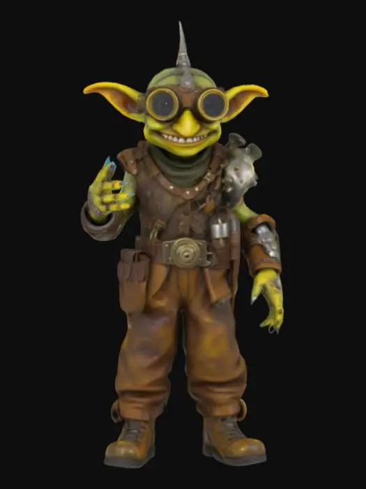 3D model for Geargrin is a small, wiry goblin with greenish skin mottled with soot and grease stains. His eyes gleam bright yellow behind round, brass-rimmed goggles. His outfit is a patchwork of leather straps, buckles, and worn metal plates, all covered in gears, pipes, and tiny steam vents hissing softly. A mechanical arm fitted with clawed fingers clicks and whirs with each movement. A belt holds various tools and gadgets, including a small steam-powered crossbow slung on his back. Geargrin’s sharp teeth flash in a mischievous grin as he plots his next invention or sabotage.