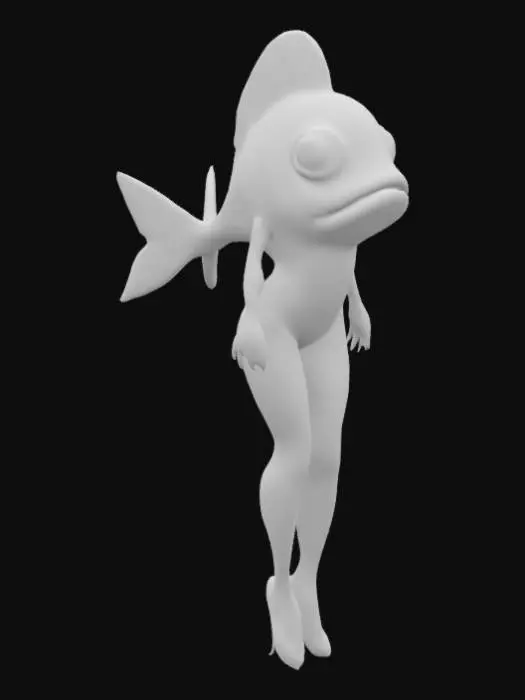3D model for Upper body is fully fish-like with shimmering scales, a wide flat fish face, and large glassy eyes. Instead of arms, sleek fins extend from the shoulders. The lower half wears torn fishnets wrapped tightly over slim legs, ending in glossy stiletto heels that glint with water droplets. The contrast of wet scales and urban fashion creates a striking blend—part sea creature, part underground club queen. Neon tattoos pulse faintly beneath the scales, and strands of seaweed curl around the legs like wild accessories.