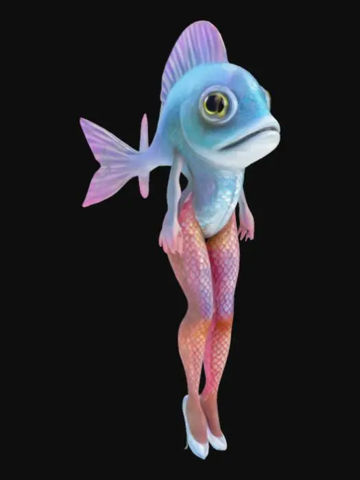3D model for Upper body is fully fish-like with shimmering scales, a wide flat fish face, and large glassy eyes. Instead of arms, sleek fins extend from the shoulders. The lower half wears torn fishnets wrapped tightly over slim legs, ending in glossy stiletto heels that glint with water droplets. The contrast of wet scales and urban fashion creates a striking blend—part sea creature, part underground club queen. Neon tattoos pulse faintly beneath the scales, and strands of seaweed curl around the legs like wild accessories.