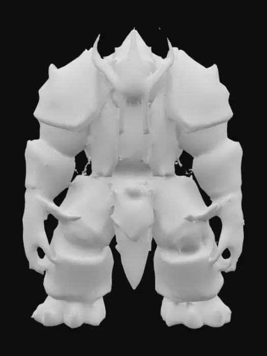 3D model for From the shadows ahead, a massive, armored behemoth emerges—its body a twisted fusion of rusted iron plates and cracked bone. Thick chains hang from its broad shoulders, clinking ominously with every tremor. Its glowing red eyes pierce the darkness beneath a jagged metal helm, and its heavy footsteps echo like thunder, shaking the very ground. The creature’s maw is filled with broken, jagged teeth, and its gauntleted fists are wrapped in barbed wire. Dust and debris fall from the ceiling as the dungeon quakes, warning of the unstoppable force stalking deeper into the halls.