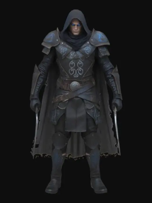 3D model for A battle-hardened rogue named Kael Thorn, clad in worn black leather armor with faint, glowing runes etched along the sleeves. Quick and silent, Kael’s piercing gray eyes miss nothing in the shadows. A pair of curved daggers hang at his belt, their edges shimmering with a faint blue light—enchanted for cutting through dark magic. His weathered cloak bears the emblem of a forgotten guild, hinting at a mysterious past. Driven by vengeance and haunted by secrets, Kael leads the group deeper into the darkness, relying on stealth, cunning, and sharp instincts to survive.