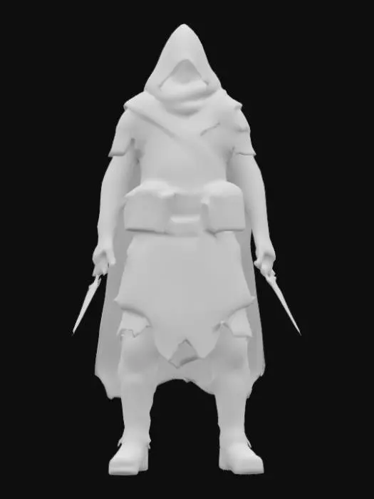 3D model for A battle-hardened rogue named Kael Thorn, clad in worn black leather armor with faint, glowing runes etched along the sleeves. Quick and silent, Kael’s piercing gray eyes miss nothing in the shadows. A pair of curved daggers hang at his belt, their edges shimmering with a faint blue light—enchanted for cutting through dark magic. His weathered cloak bears the emblem of a forgotten guild, hinting at a mysterious past. Driven by vengeance and haunted by secrets, Kael leads the group deeper into the darkness, relying on stealth, cunning, and sharp instincts to survive.