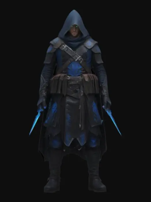 3D model for A battle-hardened rogue named Kael Thorn, clad in worn black leather armor with faint, glowing runes etched along the sleeves. Quick and silent, Kael’s piercing gray eyes miss nothing in the shadows. A pair of curved daggers hang at his belt, their edges shimmering with a faint blue light—enchanted for cutting through dark magic. His weathered cloak bears the emblem of a forgotten guild, hinting at a mysterious past. Driven by vengeance and haunted by secrets, Kael leads the group deeper into the darkness, relying on stealth, cunning, and sharp instincts to survive.