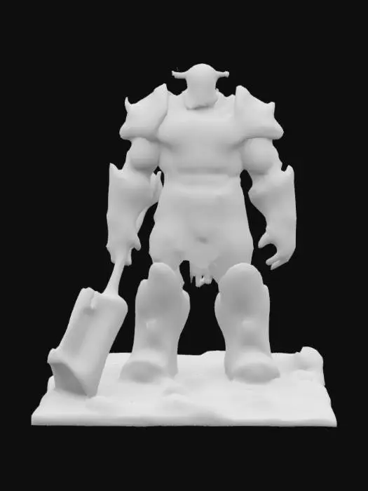 3D model for A towering, muscular titan clad in armor that looks like cooled volcanic rock fused with glowing magma seams running through the plates. His skin is a rough, basalt texture with cracks revealing molten veins underneath, pulsing with fiery energy. His helmet resembles a blacksmith’s forge mask, etched with ancient runes that flicker like embers. In his massive hands, he wields a colossal hammer forged from enchanted obsidian and embersteel, radiating heat and sparks. His voice rumbles like an erupting volcano, and his presence commands the primal power of creation and destruction. He is a master smith-warrior, protector of ancient secrets and the living embodiment of the forge’s relentless fire.