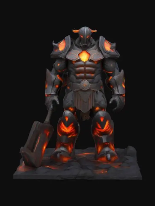 3D model for A towering, muscular titan clad in armor that looks like cooled volcanic rock fused with glowing magma seams running through the plates. His skin is a rough, basalt texture with cracks revealing molten veins underneath, pulsing with fiery energy. His helmet resembles a blacksmith’s forge mask, etched with ancient runes that flicker like embers. In his massive hands, he wields a colossal hammer forged from enchanted obsidian and embersteel, radiating heat and sparks. His voice rumbles like an erupting volcano, and his presence commands the primal power of creation and destruction. He is a master smith-warrior, protector of ancient secrets and the living embodiment of the forge’s relentless fire.