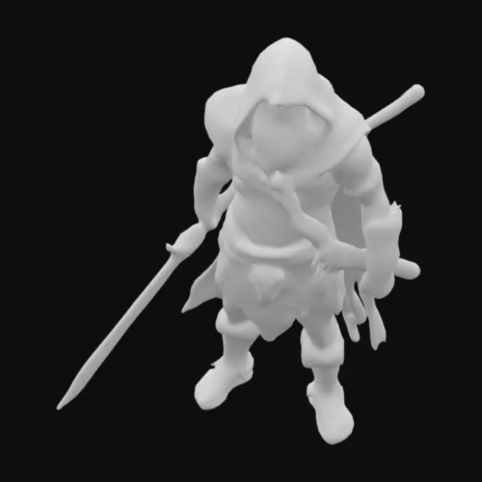 3D model for Caveman, Neanderthal warrior, wearing armor made of animal skins and bones, hooded, sabretooth tiger skull on his head, wielding obsidian sword, miniature figure, table top game 