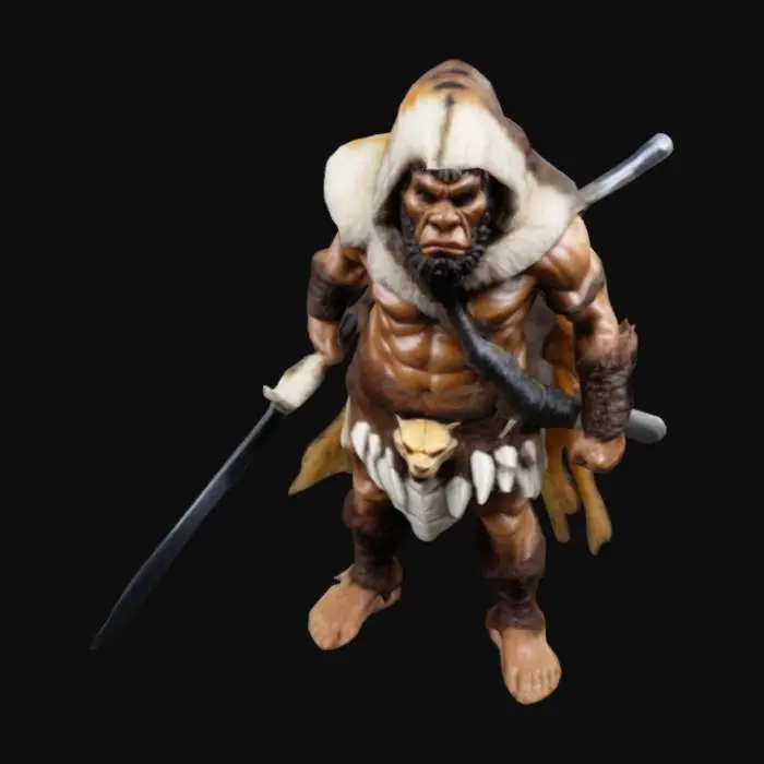 3D model for Caveman, Neanderthal warrior, wearing armor made of animal skins and bones, hooded, sabretooth tiger skull on his head, wielding obsidian sword, miniature figure, table top game 