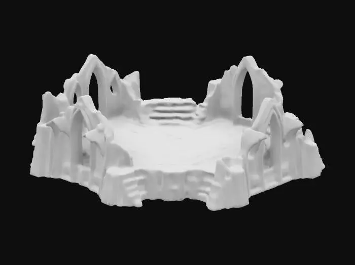 3D model for A vast, mystical landscape with towering ruins of an ancient civilization. Crumbling gothic arches and broken columns rise from the overgrown terrain. Worn stone staircases wind through the ruins, leading to abandoned platforms and sanctuaries. Cracked pavements, faded statues, and intricate carvings hint at lost legends. A ghostly mist shrouds distant colossal structures, evoking an eerie, forgotten realm. Elden Ring style.
